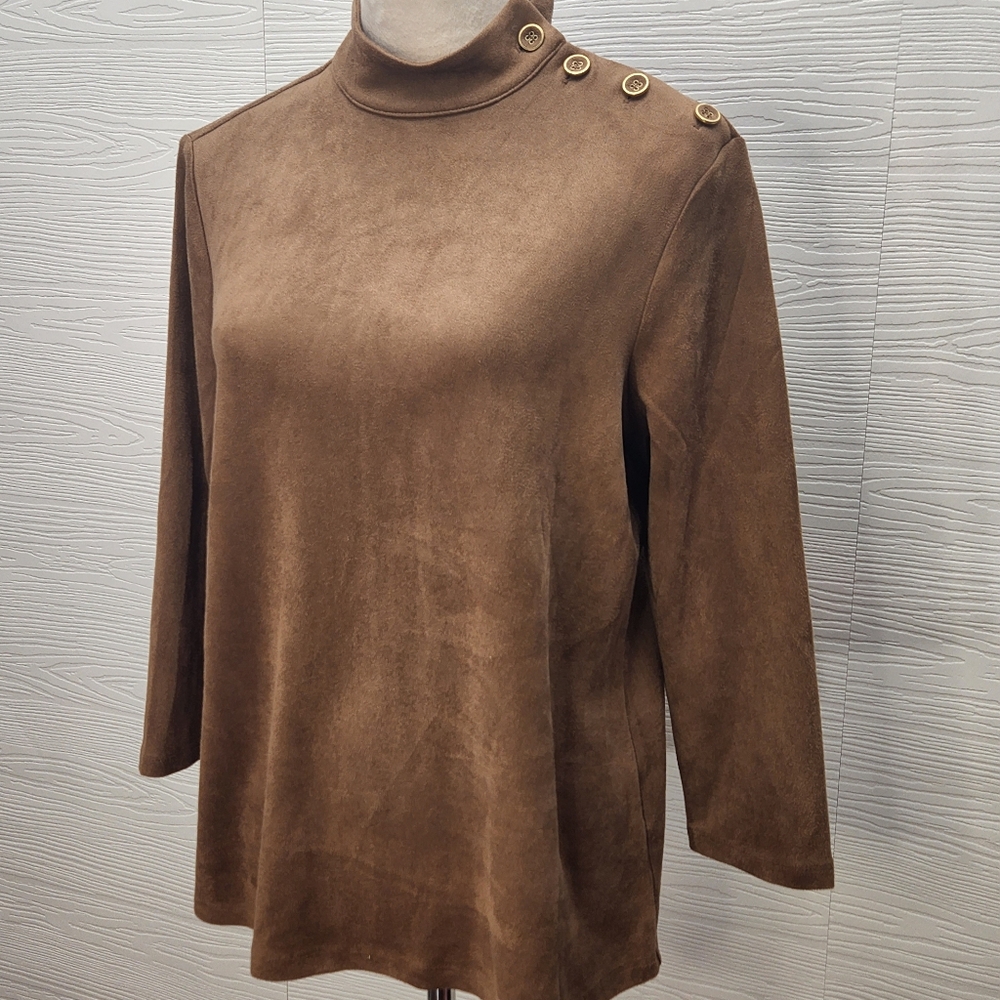 J McLaughlin Cambrie Top Faux Suede Gold Button Tan Brown Sz Medium 3/4 Sleeves